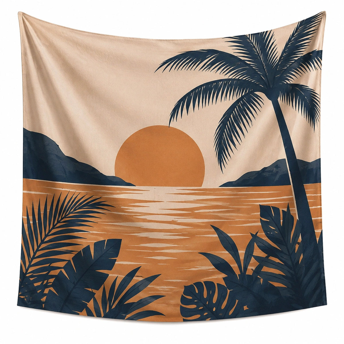 Tapisserie murale 150 x 130 cm en polyester beige orange et bleu marine motif coucher de soleil tropical
