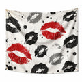 Tapisserie murale 150 x 150 cm en polyester blanc rouge noir motif lèvres style graphique