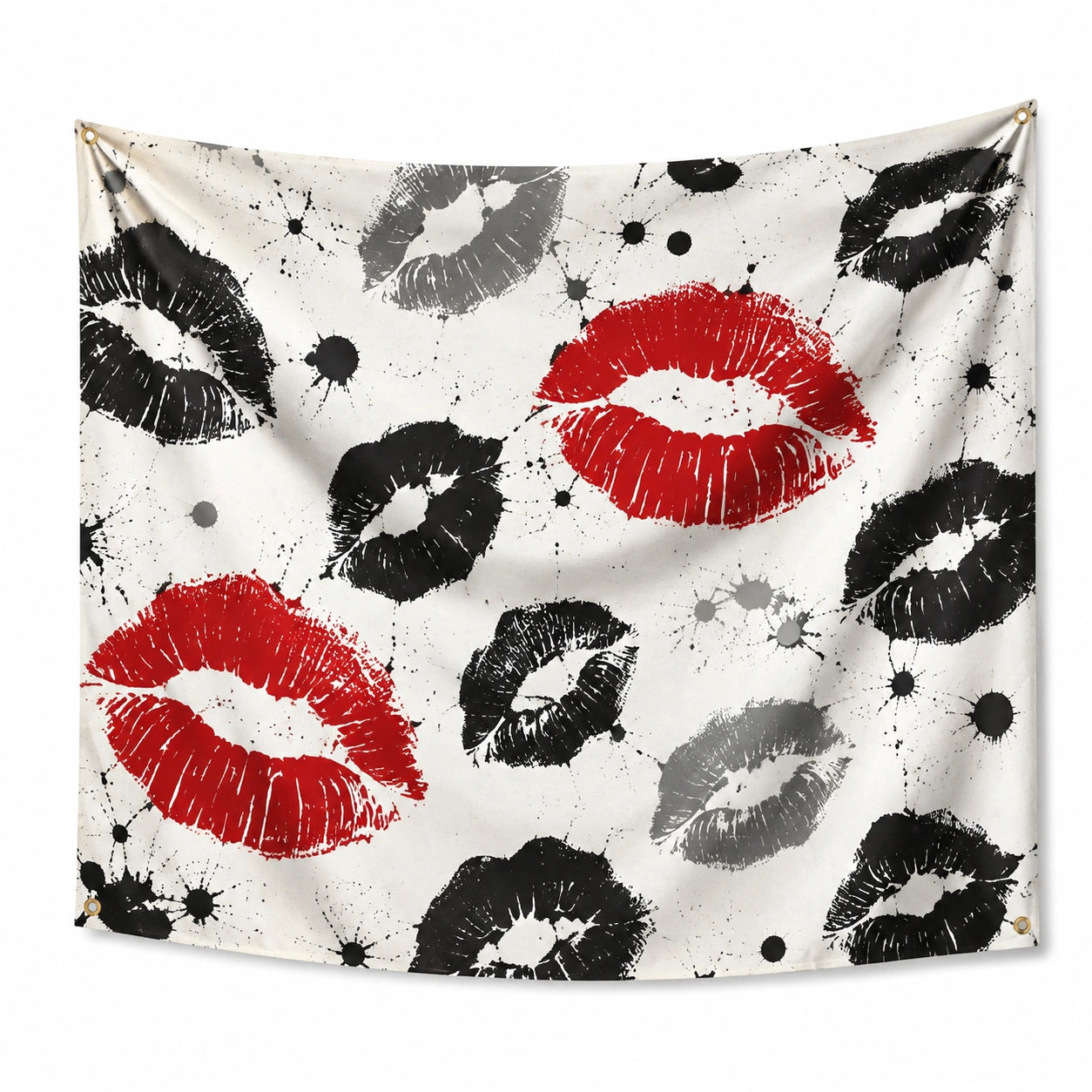 Tapisserie murale 150 x 150 cm en polyester blanc rouge noir motif lèvres style graphique